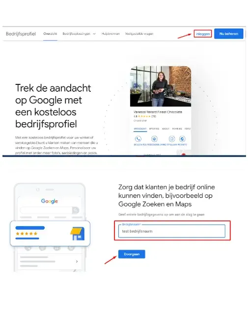 De pagina Bedrijfsprofiel van Google met de knop Inloggen, en daaronder het veld voor de bedrijfsnaam