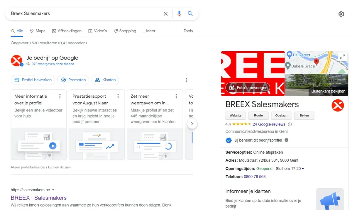 Het bedrijfsprofiel van BREEX Salesmakers naast de zoekresultaten van Google