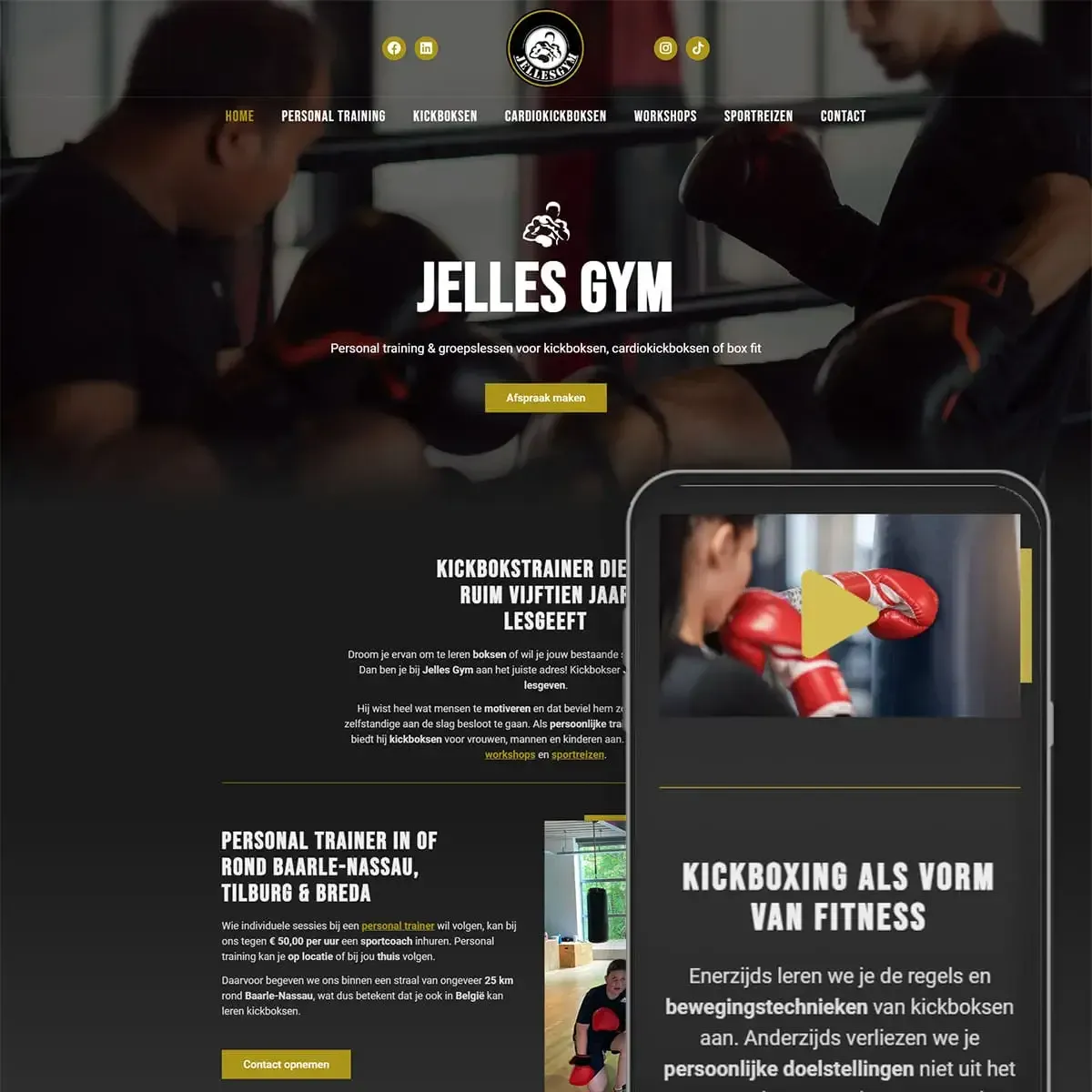 De website van Jelles Gym op een computer en op een gsm