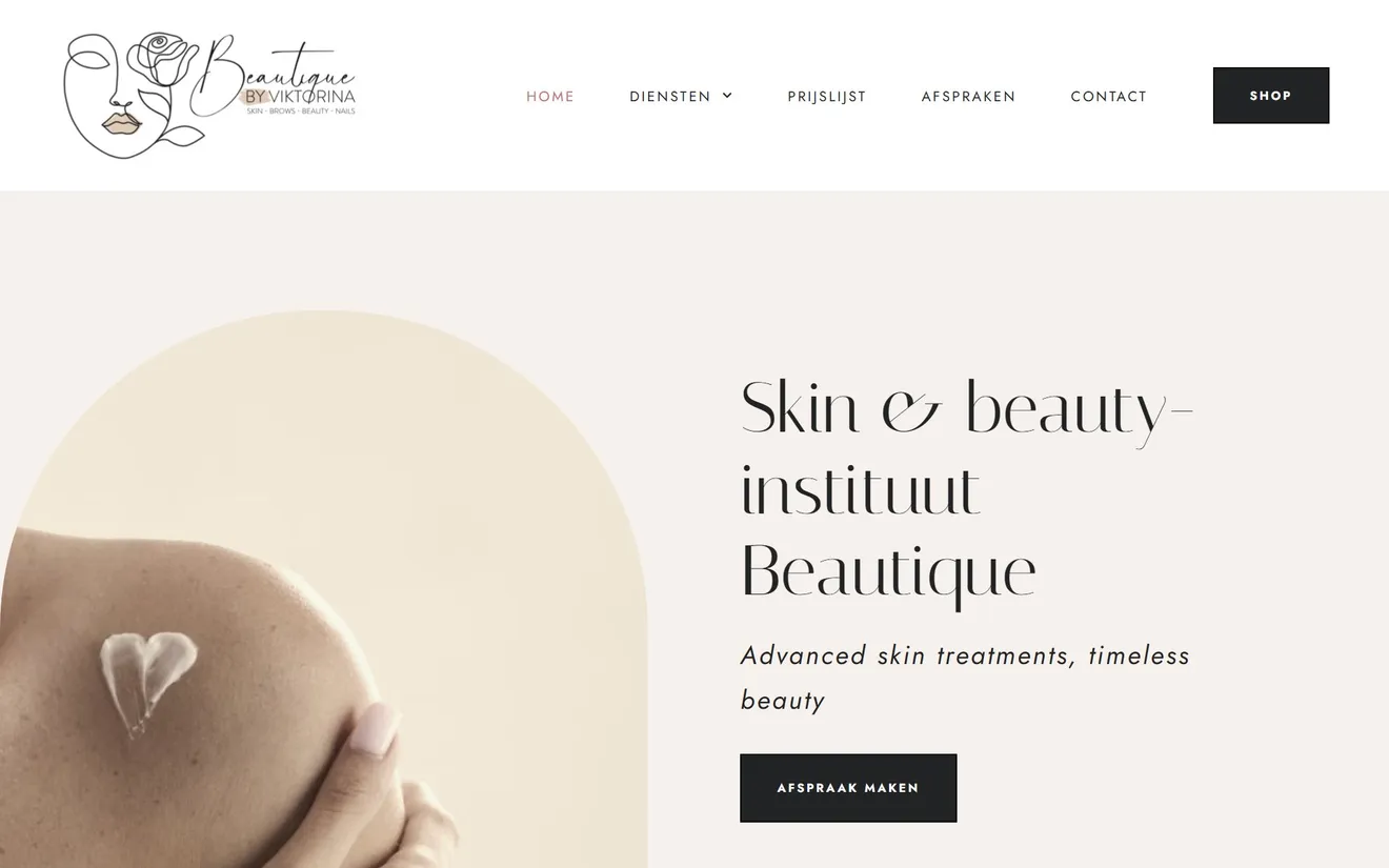 De website van Beautique, een skin- en beauty-instituut in Willebroek: het eerste scherm.