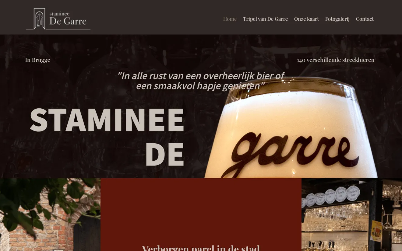 De website van staminee De Garre in Brugge: het eerste scherm.