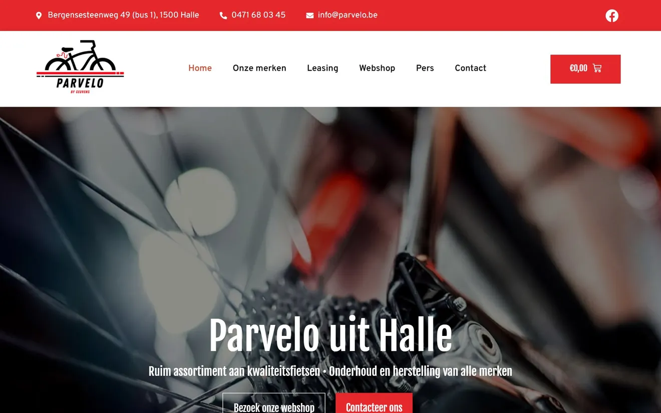 De website van Parvelo, een fietsenwinkel in Halle: het eerste scherm.